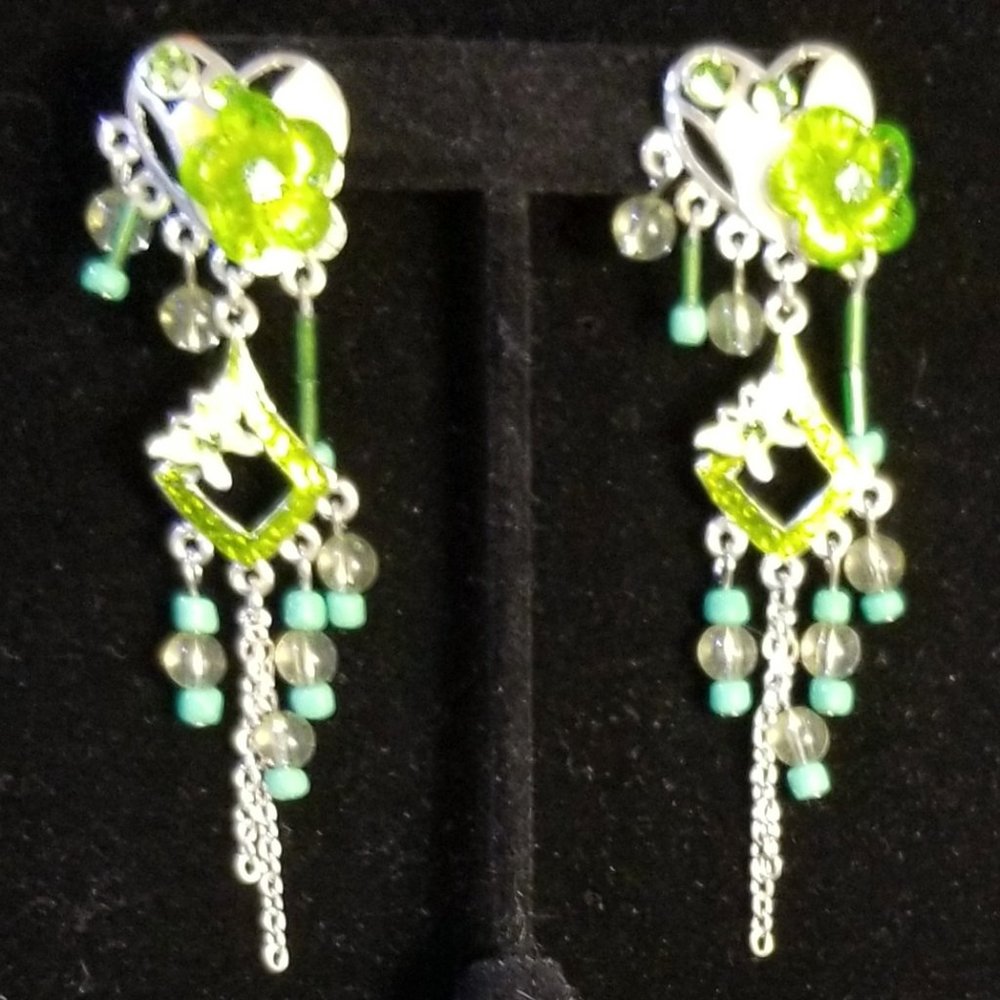 Green Flower & Butterfly Boho Earrings